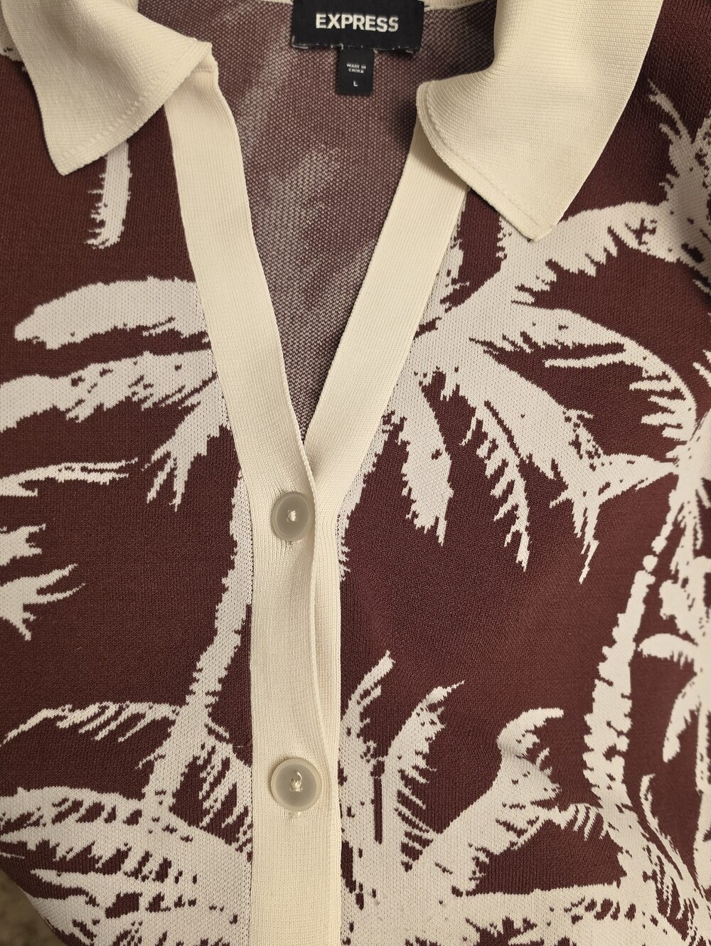 Express Women’s Cream and Brown Palm-Print Collared Cardigan